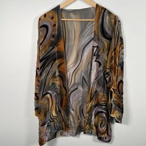 Womens Velvet Burnout Boho Open Cardigan Sz L Kimono Abstract Multicolor Flowy